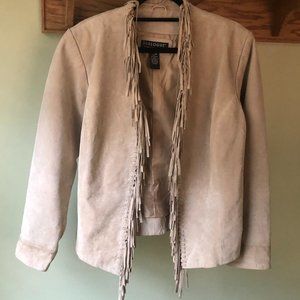 Leather light tan fringe front jacket;great price